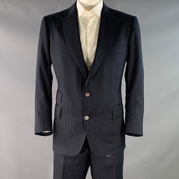 ASTOR & BLACK 44 Navy Blue Pinstripe Single Breasted Peak Lapel 3 Piece Suit - Picture 1 of 12